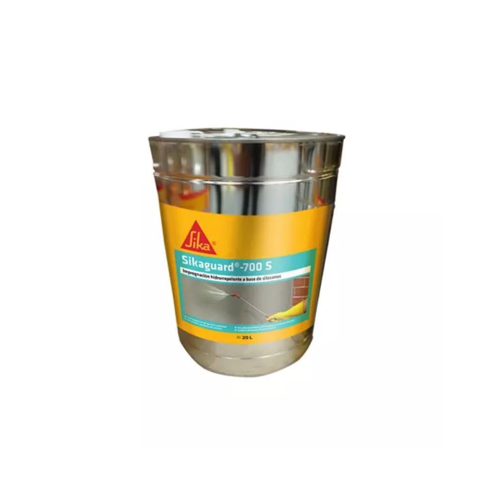 Impermeabilizante Sikaguard 700 S en bidón de 20 L, ideal para protección hidrofugante en hormigón y ladrillos. Alta penetración y resistencia al agua.