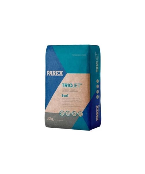 Revoque Parex Trio Jet en bolsa de 30 kg, mortero proyectable para acabados de muros y fachadas, fácil aplicación y alta adherencia.