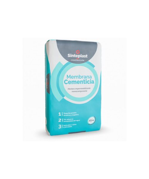Membrana cementicia impermeabilizante Sinteplast x 25 kg, ideal para proteger superficies expuestas a la humedad y filtraciones de agua.