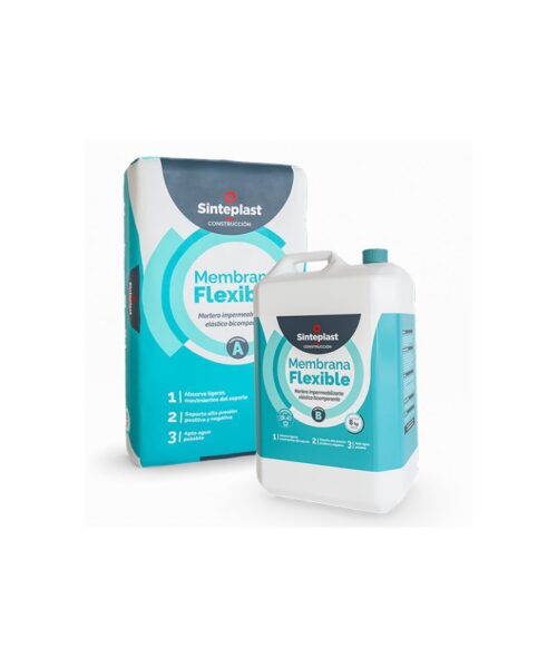 Membrana flexible bicomponente Sinteplast en bolsa de 24 kg y bidón de 8 kg, ideal para impermeabilización de superficies en construcción.