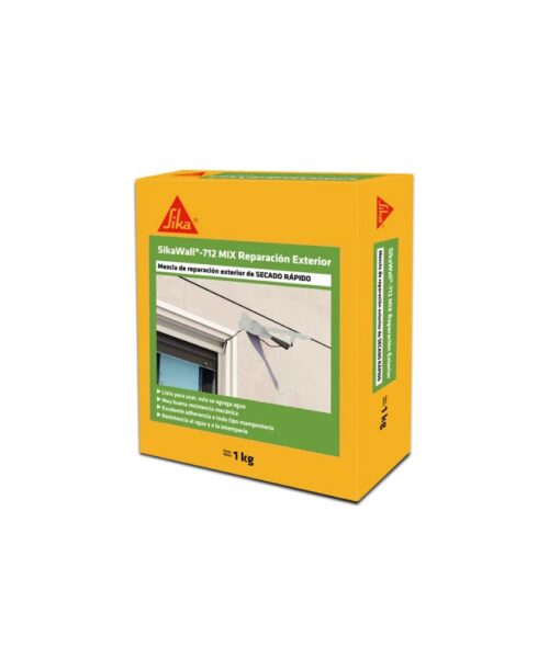 "SikaWall 712 Mix x 1 kg, mortero para reparación exterior resistente, ideal para restaurar paredes dañadas y protegerlas de condiciones climáticas."