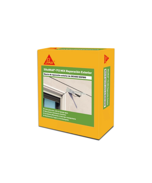 "SikaWall 712 Mix x 5 kg, mortero para reparación exterior resistente, ideal para restaurar paredes dañadas y protegerlas de condiciones climáticas."