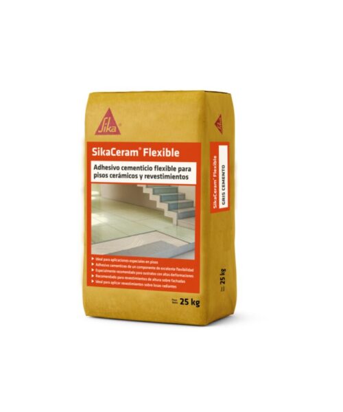 Sikaceram Flexible adhesivo cementício para pisos cerámicos y revestimientos, ideal para interiores y exteriores.