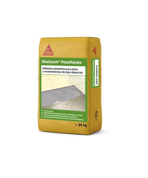 Adhesivo cementicio SikaCeram para porcelanato, ideal para pisos y revestimientos de baja absorción en interiores y exteriores.