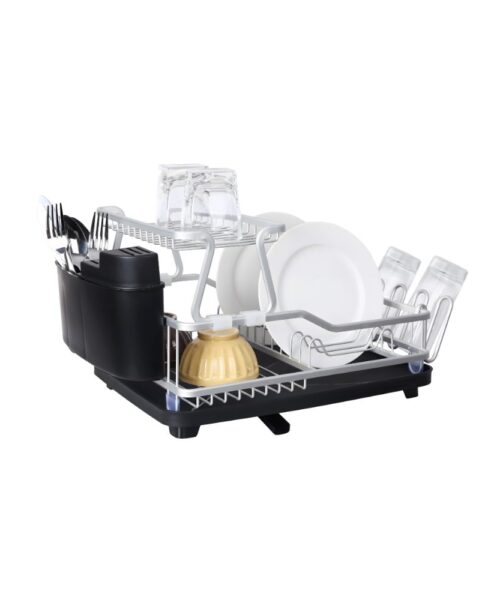 Secaplatos escurridor de aluminio Carol de 2 niveles con cubertero y seca vasos, diseño moderno y compacto para cocina