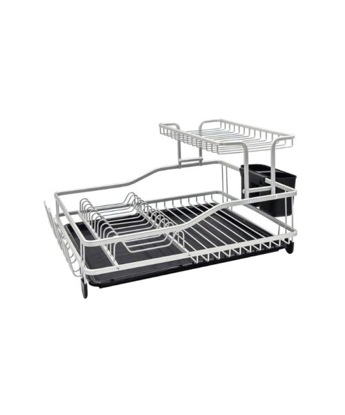 Secaplatos escurridor de aluminio Carol de 2 niveles con cubertero y seca vasos, diseño moderno y compacto para cocina