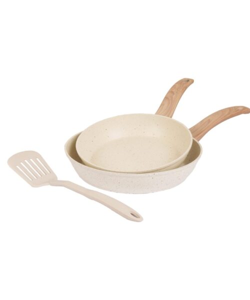 Set de sartenes Carol 24 y 28 cm con espátula de nylon, resistentes y fáciles de limpiar para cocina práctica.