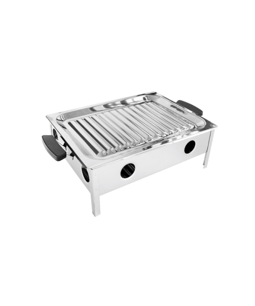 Brasero de acero inoxidable con asas negras, resistente y duradero, ideal para mantener brasas en parrillas o asados