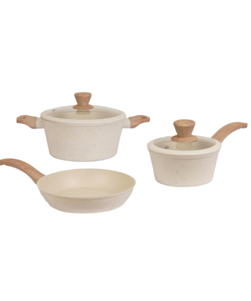 Set de batería de cocina Carol 5 piezas con cacerolas de 16 y 22 cm y sartén de 22 cm, resistentes y fáciles de limpiar